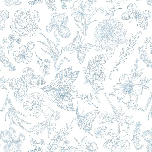 Yomshi Peel and Stick Wallpaper Blue and White 44×300cm Self Adhesive Wallpaper Floral and Butterfly Wallpaper Removable Vinyl Wrap Thickened Contact Paper for Living Room Bathroom Wall Furniture