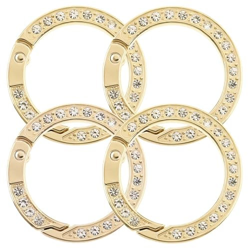 Dimeho 4 Stück Glitzersteinen Schlüsselanhänger Runde Karabiner-Schlüsselringe mit Goldenen Metall O-Ringe Einfacher Schnappverschluss Hakenclip DIY-Zubehör für Tasche Geldbörse Handtasche Schmuck