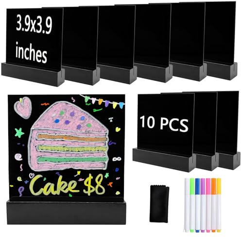 Wobodan Lot de 10 panneaux en acrylique noir de 10 x 10 cm avec supports en bois, feuilles vierges en acrylique avec porte-cartes de table, panneaux noirs pour numéros de table, mariage, étiquettes