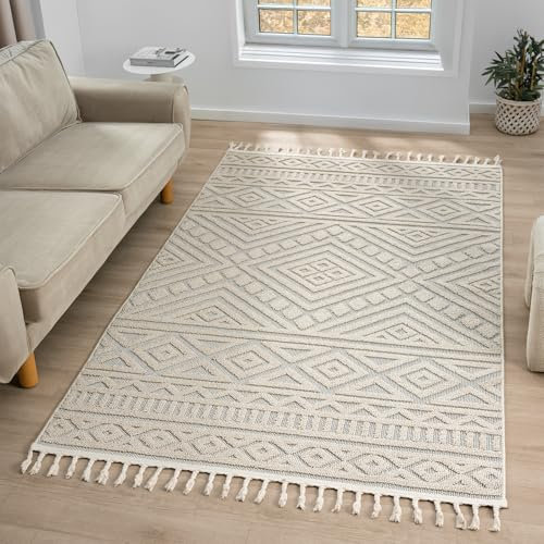 VIMODA Teppich Boho Wohnzimmer, Schlafzimmer, Fransen Skandinavisch, Waschbarer Teppich 3D, Farbe:Beige, Maße:160x230 cm