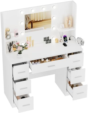TRIUMPHKEY Große Schminktisch mit 7 Schubladen und Steckdosen, Frisiertisch Mit 10 LED Beleuchtung, 3 Farben & Einstellbare Helligkeit, Kosmetiktisch mit Offenen Ablagen, Schlafzimmer (Weiß)