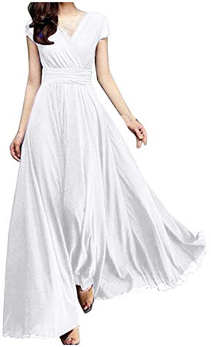 Abito da donna in chiffon, lungo, elegante, per matrimoni, serate, a maniche corte, con scollo a V, per cocktail, a vita alta, per feste, per il tempo libero