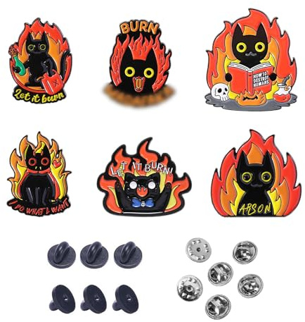 MSLSOZ 6-teiliges Katzen-Broschenset aus Emaille, lustige schwarze Katze, Flamme Brosche, brennender schöner Zustand, geeignet als Zubehör für Rucksäcke, Kleidung, Hüte