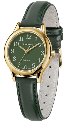 PINDOWS Minimalistische Uhren für Damen, Goldton-Gehäuse mit schwarzem Lederarmband, Modisch, Elegante Quarz-Analoguhr für den täglichen Gebrauch