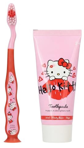 Hello Kitty Kinder Zahnbürste Set Mit Zahnpasta | Weiche Borsten Mit Saugnapf | Für Mädchen Und Jungen Ab 3 Jahren | Reise Zahnputz Set Fluorid | Rosa 50 ML