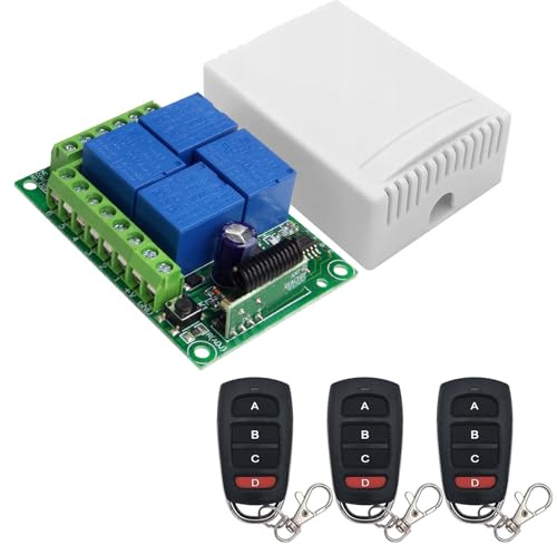 GOEDCH RF 433MHZ Drahtloser Relais Empfänger: DC 12 V 4 Kanal Funkfernbedienung Relais Empfänger mit 3 Fernbedienung, Universal Wireless Remote Control Switch für Lichter Garagentoröffner Tor Auto