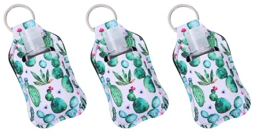 Healvian 3 Sets 30Ml Refillable Hand Bottle with Cactus Print Keychain Cover Portable Empty Lotion Soap Bottles for Travel and Hand Sanitiser with Keyring