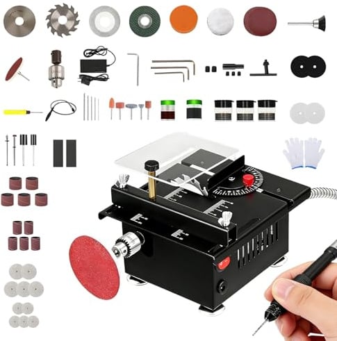Mini Tischkreissäge, 3-in-1 Multifunktionale Mini Kreissäge, 8000RPM Tragbare Tischkreissäge mit 4 Klingen, 7 einstellbare Geschwindigkeiten, 0-90° Schneiden Präzisions Table Saw für Holz, Acryl, PCB