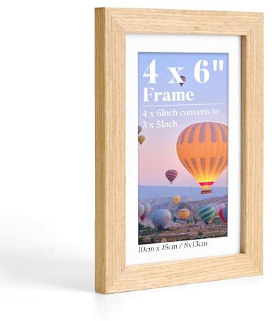 HOUSE DAY 6x4 Photo Frame, Oak Wood Picture Frames Tabletop & Wall Mount | Picture Frames 6x4 with Acrylic Glass & Mat, No-Scratch Protective Film, Small Frame for 4x6 or 3x5 Inch Prints, 1 Pack