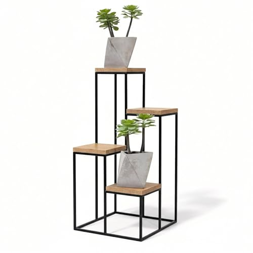GEEZY 4 Tier Metal Plant Stand - Tall Wooden Flower Pot Display Shelf for Living Room - Industrial Indoor Corner Rack Holder for Multiple Plants, Home, Garden, Patio or Balcony