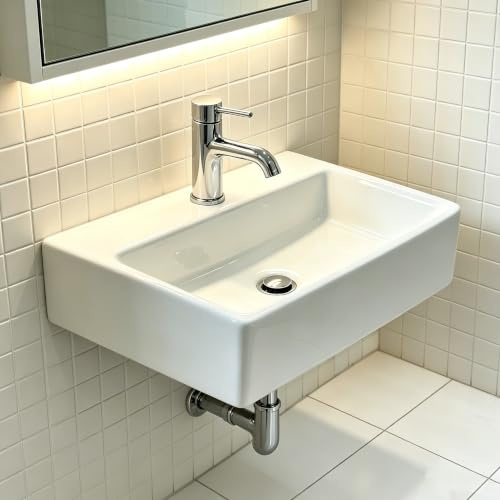 NUESTRA VIDA Waschbecken Wandmontage Keramik Weiß, Hängewaschbecken Rechteckig 40x29,5x12cm, Aufsatzwaschbecken mit Hahnloch ohne Überlauf, Handwaschbecken Klein Gäste WC