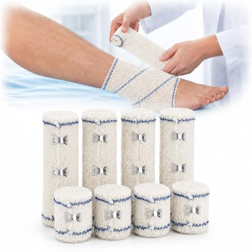Set Médicos Elásticos con Clips Metálicos, 7,5 cm/15 cm x 4,5 m - Vendaje Hipoalergénico de Crepé para Lesiones Deportivas, Abrasiones y Cuidados Postoperatorios (8 pièces)