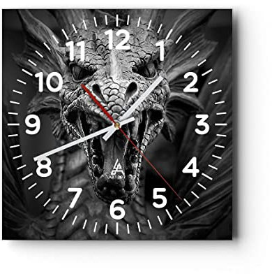 Modern Wanduhr Drache Kreatur Waage 30x30cm Quadrat Klein Wand Uhr Glas Analog Zimmeruhren Küche Büro Wohnzimmer Glasuhr Wall Clock Dekoration Design Wanddekoration Küchenuhr C4AC30x30-0245