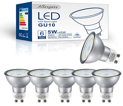 Allesgute GU10 LED Lampe 5W 500 Lumen LED Birnen Ersatz für 45W Halogen Leuchtmittel Neutralweiß 120 Grad Abstrahlwinkel Spot 230V Nicht Dimmbar 6er Set