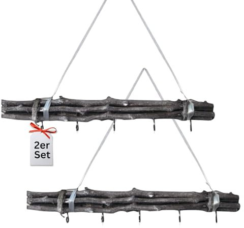 Bada Bing 2er Set Weidenzweige gebunden 5 Haken Grau mit Silber Dekoband zum Aufhängen Naturprodukt - Deko für Ostern Frühling Dekobündel Wanddeko zum Hängen