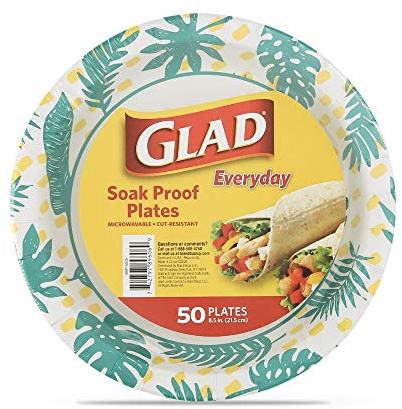 Glad Round Disposable Paper Plates, Palm Leaves Pattern - Strong, Sturdy, Soak Proof, and Microwavable Decorative Plates for Dinner and Everyday Use, 8.5 Inch, 50 Count