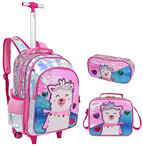 IvyH Rucksack Mädchen Schulranzen Trolley, Kinderrucksack Pailletten Schultaschen-Sets mit Lunch Tasche Federmäppchen Multifunktion PU Rucksack Trolley für Kinder Schule Reisen(Schaf)