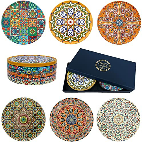 Totally Turkish – Patterned Drink Coasters Set of 6 – Giftable Design Drinks Mat Set – Non-Scratch Top With Non-Slip Cork Base (Galata)