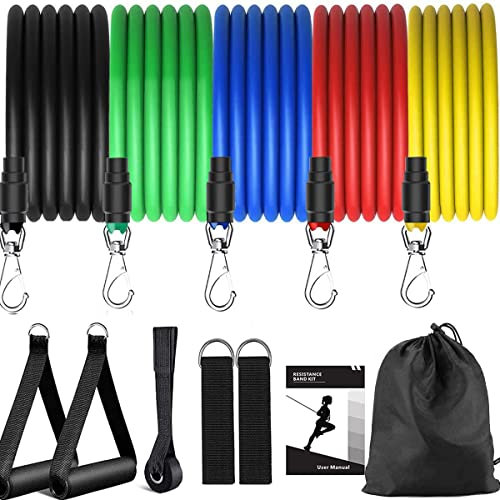 MISSJJ 11PCS Set di Fasce di Resistenza,Elastici per Palestra,Bande Elastiche Fitness Fino a 150 lbs- 5 Bande di Resistenza,2 Gancio da Porta,2 Caviglie Ancoraggio,1Anti-Strappo