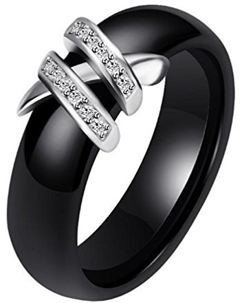 HIJONES Damen 6MM Weiß & Schwarz Keramik Ring Einfach mit Zirkonia Engagement Hochzeit Band Doppelt Schwarz Größe 62