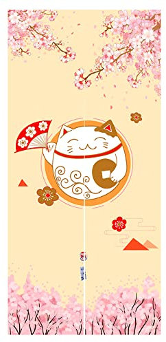 LIGICKY Noren Rideau de porte long style japonais Motif chat porte-bonheur et fleurs de cerisier Décoration de la maison 85,1 x 180,1 cm