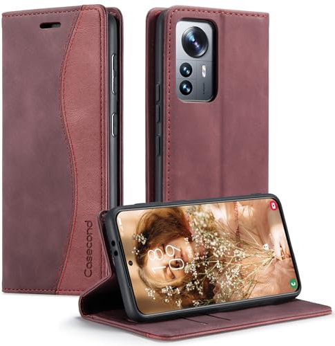Casecond Coque pour Xiaomi 12 Lite 5G Housse en Cuir avec Magnetique Etui RFID Blocage Protection Pochette Porte Cartes Portefeuille Mince Wallet Case Femmes Hommes - Vin Rouge et Rouge