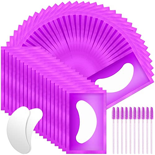 URAQT Augenpads für Wimpernverlängerung, 50 Paar Wimpernpads, Wimpern Extension Pads mit 10 Stück Wimpernbürste, Wimpernverlängerung Augen Pads Eye Patch für Eyelash Extensions (Violett)