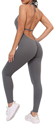 MAGIMODAC Damen Sport Leggings Booty Scrunch Butt Jumpsuit Einteiler Yoga Overall V Ausschnitt Rückenfrei Ärmellos Fitness Sportliche Hose Grau L