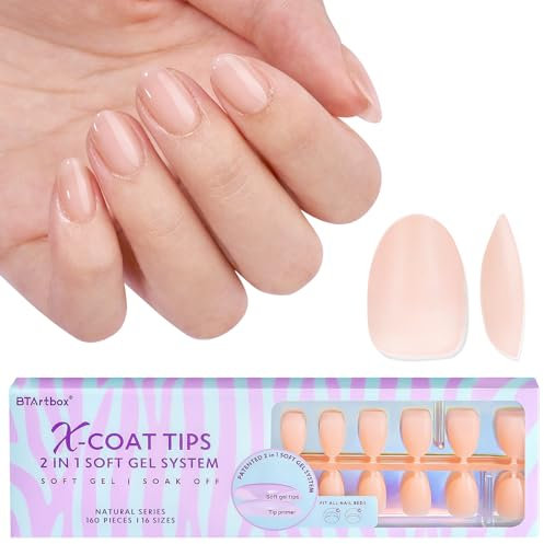 BTArtbox Extra Short Almond Press On Nails Soft Gel Full Cover Nail Tips für Gelnägel, 160 Stück PRE-DESIGNED XCOATTIPS Kurz Nageltips Mandel Künstliche Nägel Nagelspitzen Tips für Nail Extensions