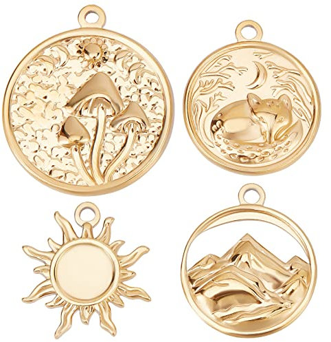 Beebeecraft 1 Box 12 Stück 4 Stil Flache Runde Charms 18 Karat Vergoldeter Edelstahl Anhänger Berg Sonne Mond Pilz Charm Anhänger Perlen Für Die Schmuckherstellung Halskette Armband