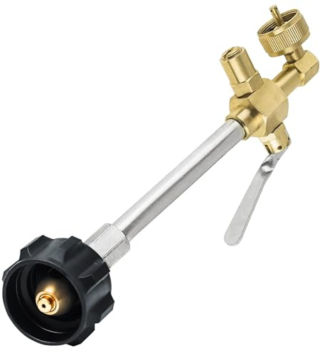 Propane Refill Adapter Valve for 1LB Refillable Propane Tank Cylinder | CSA-grade solid brass 1lb-20lb refill adapter; ON-OFF control prevents overfill; 90° upright fill; eco-friendly & leak-proof