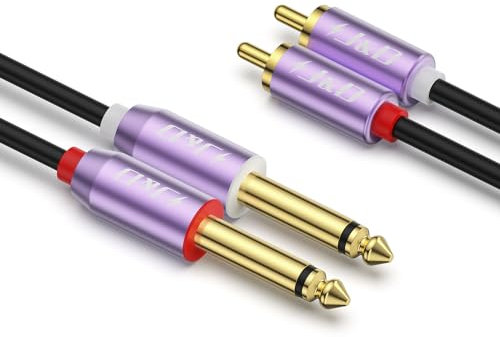 J&D Cable Doble 1/4 de Pulgada TS a Doble RCA, Carcasa de Aleación de Aluminio Morada y Conector Chapado en Oro 2x6,35 mm Macho TS a 2 RCA Macho Cable Adaptador para Mezcladora Amplificador, 0.9 M