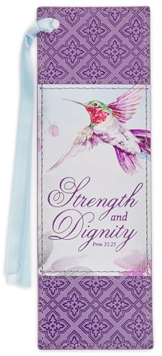 Christian Art Gifts Premium Vegan Leather Scripture Bookmark for Women: Strength & Dignity Inspirational Bible Verse Cute Hummingbord Book Accessory, Purple Multicolor Floral & Light Blue Satin Ribbon