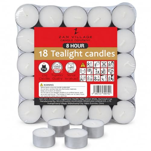 Teelichter, lange Brenndauer, 8 Stunden, 50 Stück, geruchlose weiße Kerzen, Zan Village Homeware (1 x 18 Stück)
