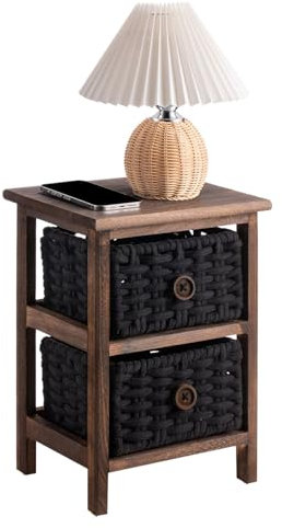 IDIMEX Nachttisch PLUTO mit 2 Korb Schubladen, Vintage Beistelltisch aus natürlichem Paulownia Holz, elegante Nachtkommode braun lackiert