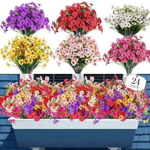 Alupssuc 24 Bundles Artificial Flowers Outdoor Decoration, Mixed 6 Colors Violet Plastic Fake Flowers Plants, for Indoor Outdoor Hanging Baskets Garden Porch Window Home Vases Wedding Farmhouse Decor