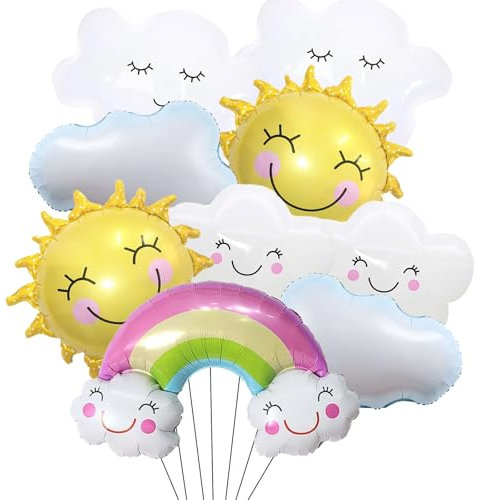 DazzJoy 9 Stück Wolkenförmige Folienballon,XXL Sonne Regenbogen Luftballon,Regenbogen Sonne Lächelnde Quasten Wolke Luftballons Geburtstag,Helium Ballon für Kindergeburtstag Deko, Jubiläum Babyparty
