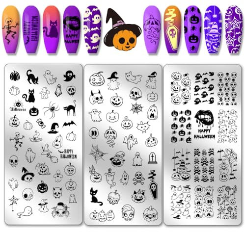 PH PandaHall Halloween Thema Nail Art Platten 3pcs Nail Stamping Platte Schädel Geist Hexe Kürbis Bild Platte Nail Art Design Stempel Kit Wiederverwendbare Nail Art Tools Vorlage Design Tool für Nägel