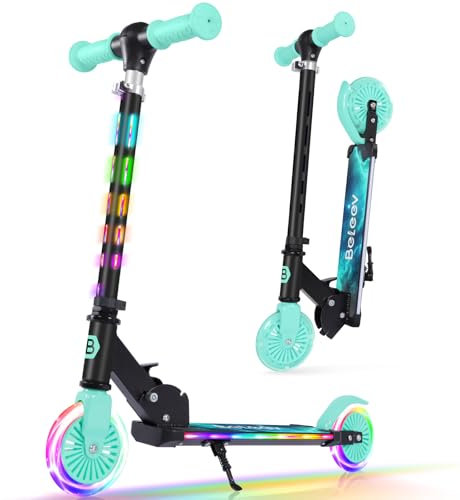 BELEEV V3 Roller Kinder 3 Jahre, Upgrade mit LED Leuchtende Räder, Lenksäule und Deck, 4 Höhenverstellbar, Faltbare Scooter Kinder 5 Jahre, 2 Räder Kinderroller mit Ständer 3-12 Jahre Mädchen Jungen