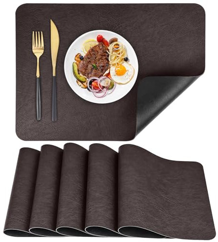 APLKER Manteles Individuales de Cuero Juego de 6 Mantel Individual de PU Lavables Resistente al Calor Impermeable para Mesa de Comedor de Cocina Hoteles Restaurante 40 x 30 cm (Negro/Marrón, 6)