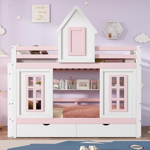 Sapgaks Lit superposé Enfant 90x200cm,lit cabane Enfants,lit Mezzanine 2 Places,lit Mezzanine escalier,lit Enfant Fille avec Barriere,lit Princesse Deux tiroirs à roulettes Rangement,Blanc + Rose