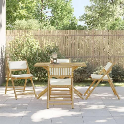Tidyard 5-TLG.Bistro-Set Bistroset Balkonset Sitzgruppe Gartenmöbel Garten Gartenmöbelset Bistrotisch Stehtisch Balkonstuhl für Garten,Balkon,Terrasse Klappbar mit Cremeweißen Kissen Bambus