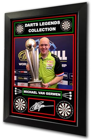 Darts Legends Collection: Michael van Gerwen, Dart Champion, vorgedrucktes Autogramm, signierter Druck, Dartspieler, Fan-Kunst, A4, gerahmt