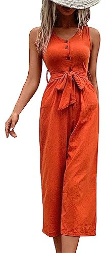 Baggy Jumpsuits for Ladies Strap Overall Rompers Solid Color Sleeveless Jumpsuit for Women V Neck Waistband Jumpsuit Pants Hammer Jumpsuit (Red, M)