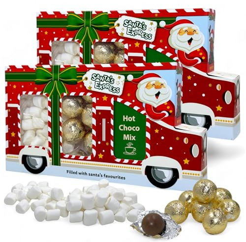 MIJOMA Heiße Schokolade Set Geschenkverpackung Santa's Express – 2 Packungen - Trinkschokoladenpulver mit Vanille-Geschmack, Mini-Marshmallows & Pralinenkugeln – Winterlicher Genuss zum Selbermachen.