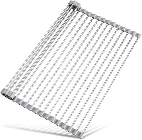 Tomorotec Roll Up Dish Drying Rack, Foldable Stainless Steel Drainer Over Sink, Multipurpose Sink Cover Kitchen Sink Accessories Gadget Organizer 45x40cm (Grey)