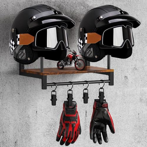 Porta Casco Moto da Parete, Appendi Casco Moto da Parete Supporto per Casco da Baseball per 2 Caschi Porta Cappello Espositore Porta Casco con 4 Clip per Appendere Guanti per Abbigliamento Moto