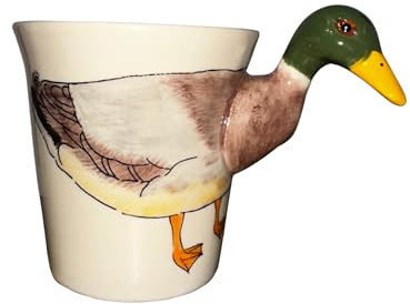 Thai Gifts Handmade Ceramic Animal Mug, Mallard Duck Design - Unique, Hand-Painted Coffee Cup with Fun 3D Duck Handle - Durable & Dishwasher Safe - Cute Autumn Mugs, Ideal Christmas & Birthday Gift