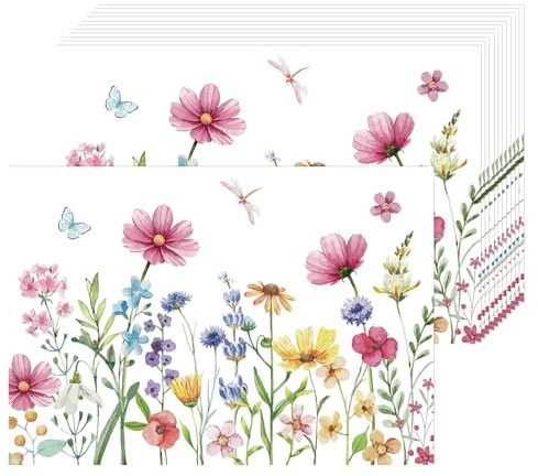 Frühling Blumen Papier Platzsets 50 Stück Einweg Platzsets Gänseblümchen Libelle Papier Tischsets 40x28 cm, Saisonal Dekoration für Küche, Esstisch, Urlaub, Party