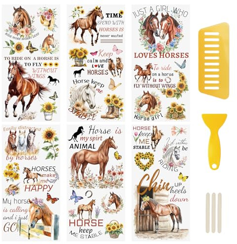 WANDIC 6PCS Rub On Transfer Stickers,Rural Style Phrase Transfer Decals Horse Theme Stickers for Furniture Scrapbooking Window, 15 * 30cm